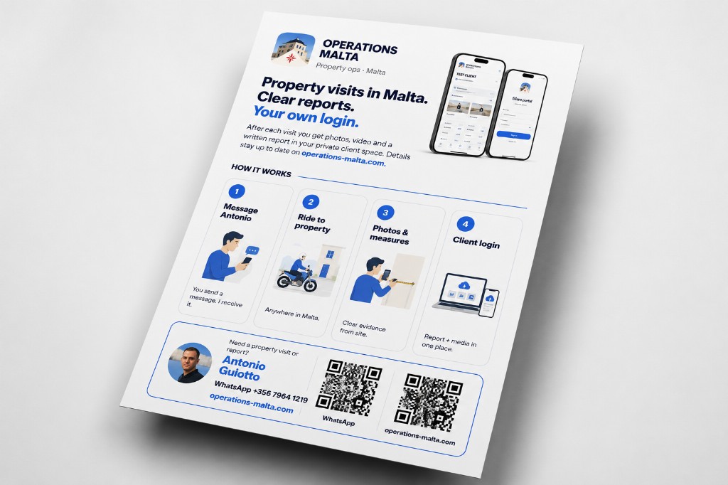 Operations Malta agency flyer — how property visits and client login work