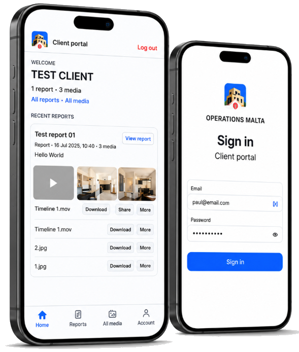 Operations Malta client portal on phone — reports and sign in